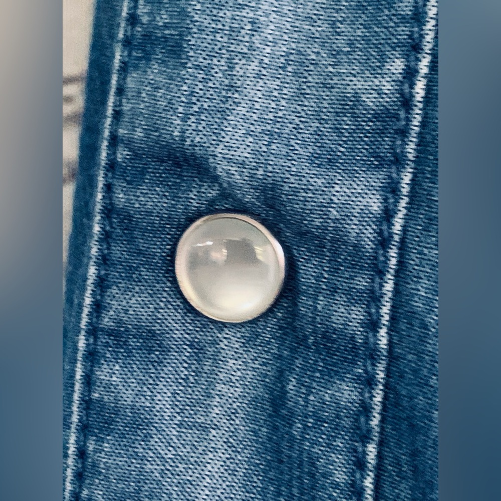 Chambray Blue Snap Button Down Shirt with Raw Hem - Picture 4 of 6